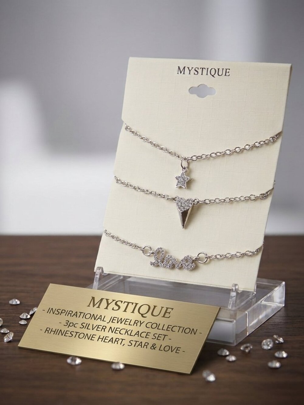 Mystique 3 silver necklaces with rhinestones star ,heart, love on a card